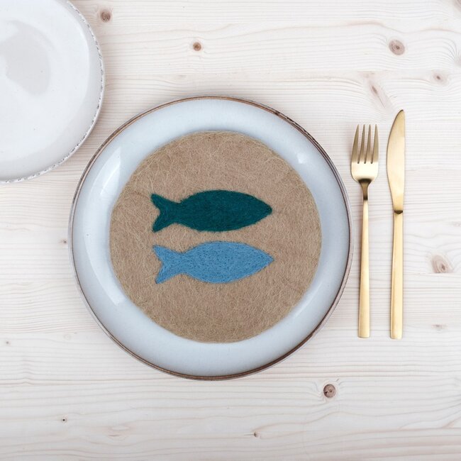 Felt Coaster 20 cm Beachlife 2 Vissen sand