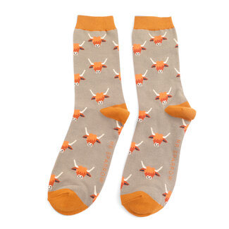 Miss Sparrow Mens Socks Bamboo Highland Cows khaki