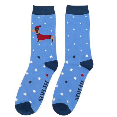 Miss Sparrow Mens Socks Bamboo Festive Sausage Dogs powder blue