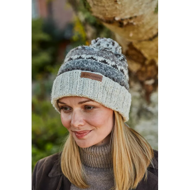 Beanie Bobble Roll Back Fairisle natural