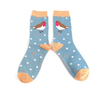 Miss Sparrow Socks Bamboo Festive Robins denim