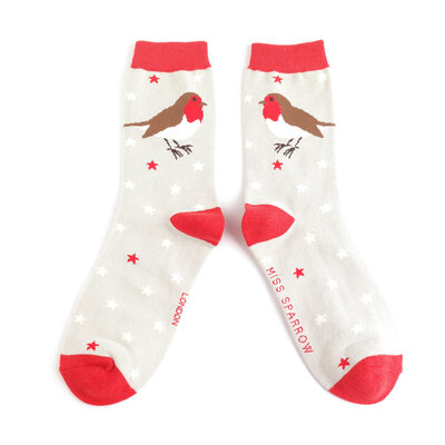 Miss Sparrow Socken Bamboo Festive Robins silver