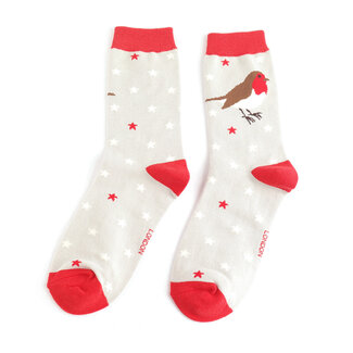 Miss Sparrow Socks Bamboo Festive Robins silver