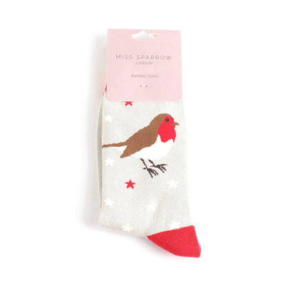 Miss Sparrow Socks Bamboo Festive Robins silver