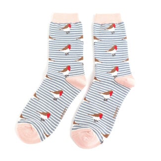Miss Sparrow Socken Bamboo Robins on Stripes denim