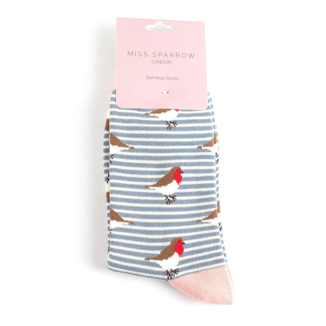 Socks Bamboo Robins on Stripes denim