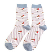 Miss Sparrow Socken Bamboo Robins on Stripes lavender