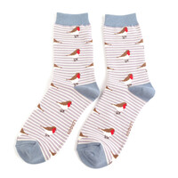 Miss Sparrow Socken Bamboo Robins on Stripes lavender