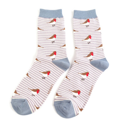 Miss Sparrow Socken Bamboo Robins on Stripes lavender