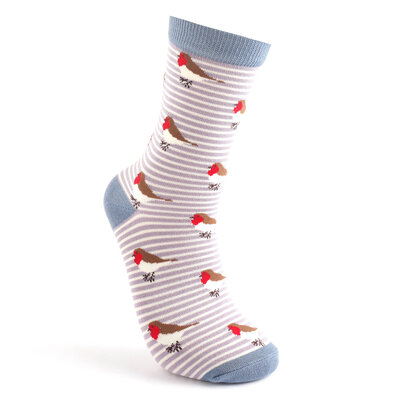 Miss Sparrow Socken Bamboo Robins on Stripes lavender