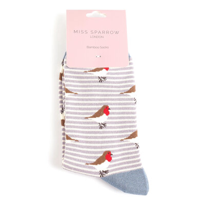 Miss Sparrow Socken Bamboo Robins on Stripes lavender