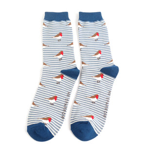 Miss Sparrow Mens Socks Bamboo Robins on Stripes Denim