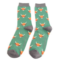 Miss Sparrow Männer-Socken Bamboo Highland Cow green