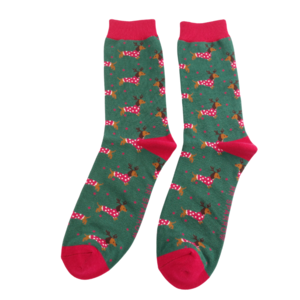 Miss Sparrow Mens Socks Bamboo Xmas Sausage Dogs green
