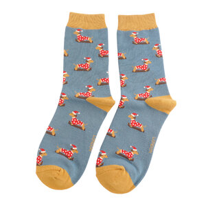 Miss Sparrow Socken Bamboo Skiing Sausage Dogs denim