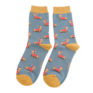 Miss Sparrow Socks Bamboo Skiing Sausage Dogs denim