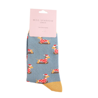 Miss Sparrow Socks Bamboo Skiing Sausage Dogs denim