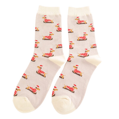 Miss Sparrow Socken Bamboo Skiing Sausage Dogs silver