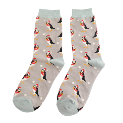 Miss Sparrow Socks Bamboo Xmas Puffins grey