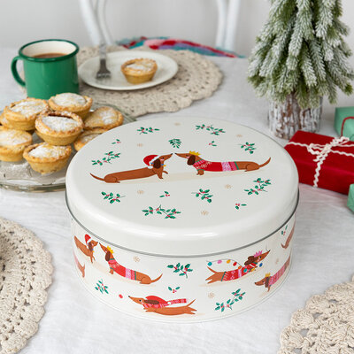 Rex London Cake tin round Festive Sausage Dog