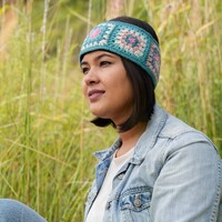 Sjaal met Verhaal Headband Granny Square Colourful turquoise/roze