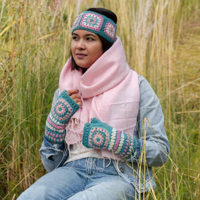 Handwarmer Granny Square Colourful turquoise/roze