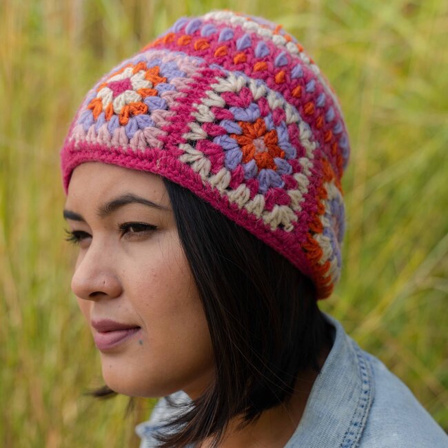 Beanie Granny Square Colourful fuchsia/oranje