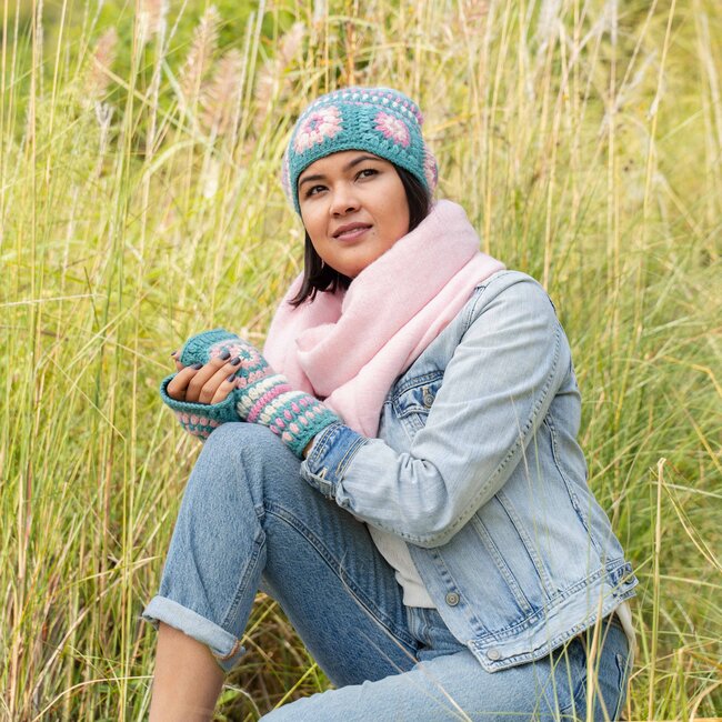 Beanie Granny Square Colourful turquoise/roze