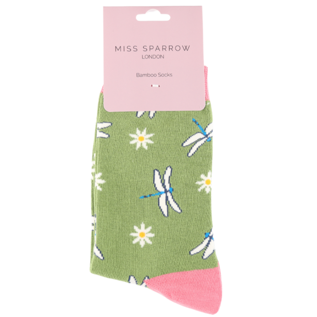 Socks Bamboo Dragonflies & Daisies green