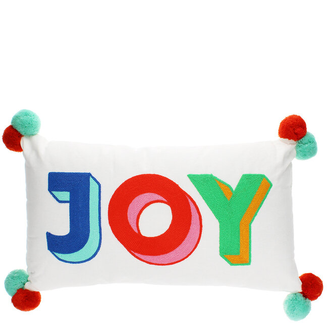Embroidered Cushion with Pom Poms Joy