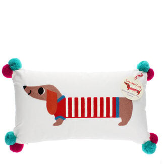 Rex London Embroidered Cushion with Pom Poms Sausage Dog