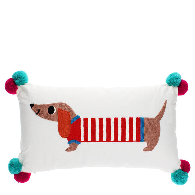 Embroidered Cushion with Pom Poms Sausage Dog