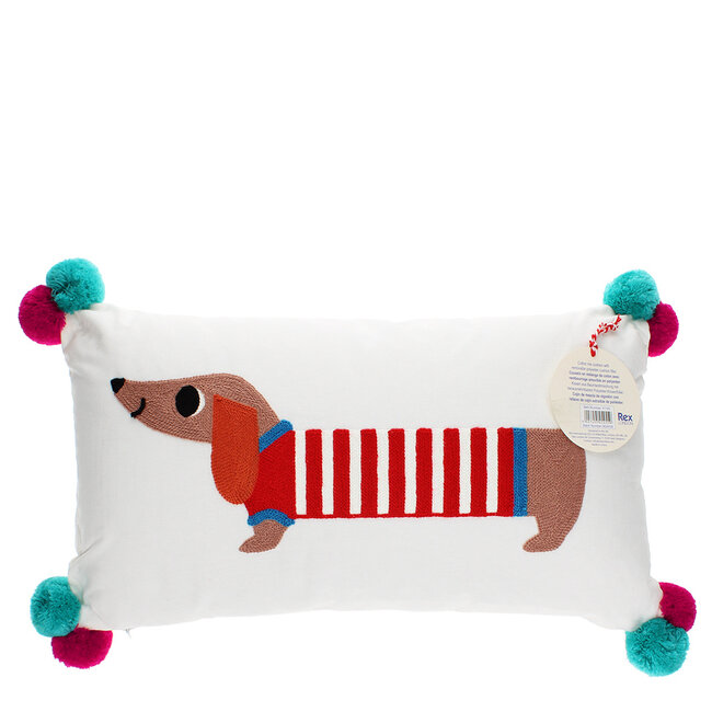 Besticktes Kissen mit Pom Poms Sausage Dog