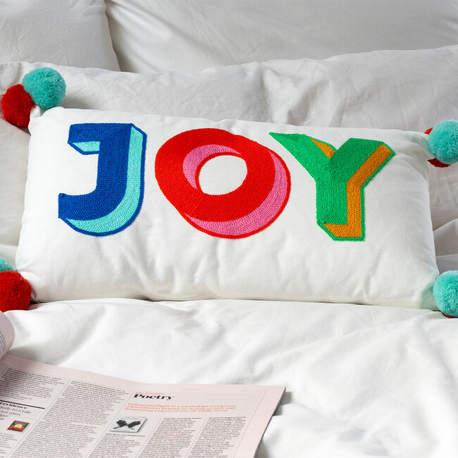 Embroidered Cushion with Pom Poms Joy