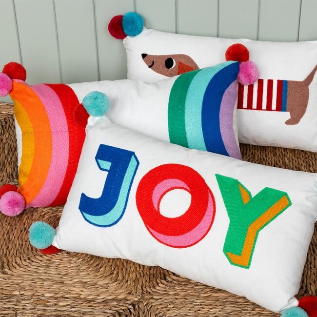 Embroidered Cushion with Pom Poms Sausage Dog