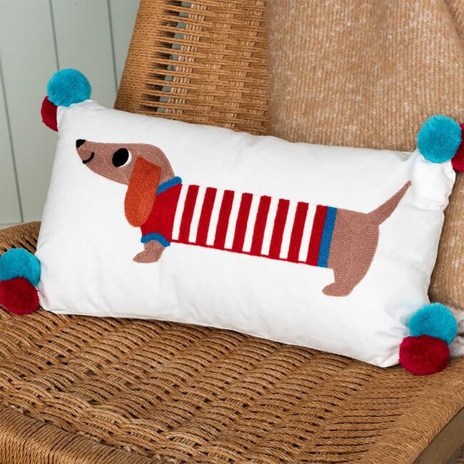 Embroidered Cushion with Pom Poms Sausage Dog