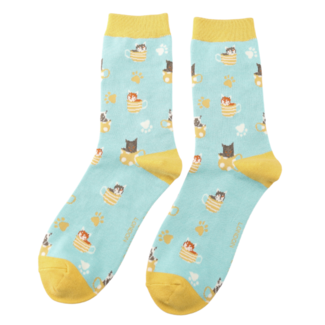 Miss Sparrow Socks Bamboo Cats in Teacups aqua