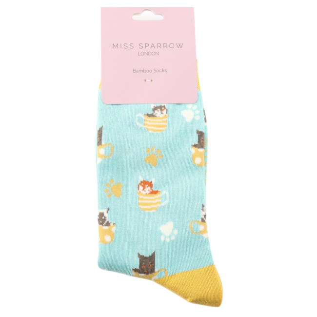 Socken Bamboo Cats in Teacups aqua