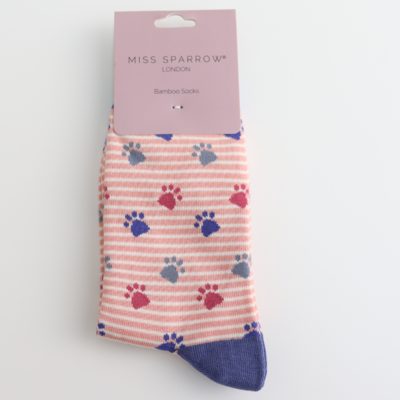 Miss Sparrow Socks Bamboo Paws & Stripes dusky pink