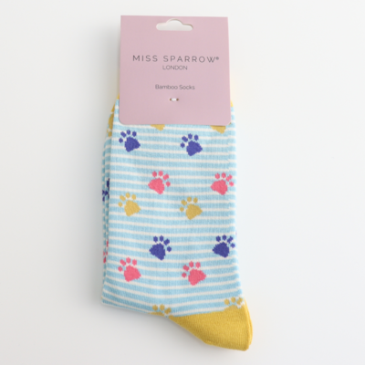 Miss Sparrow Socks Bamboo Paws & Stripes light blue
