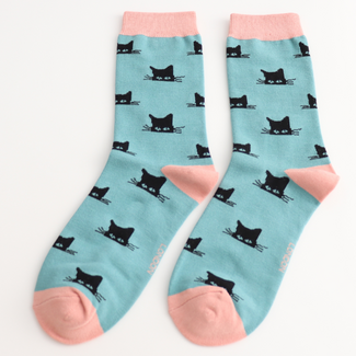 Miss Sparrow Socks Bamboo Peeking Cats duck egg