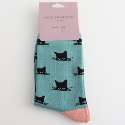 Miss Sparrow Socken Bamboo Peeking Cats duck egg