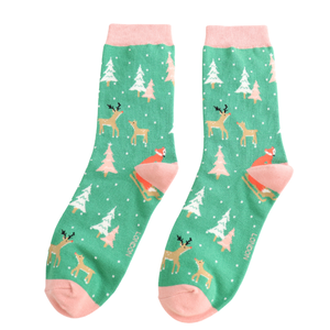 Miss Sparrow Socks Bamboo Festive Foxes green