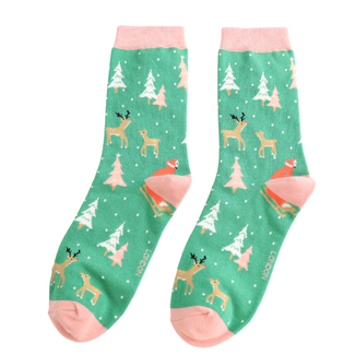 Miss Sparrow Socks Bamboo Festive Foxes green
