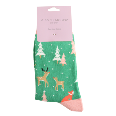 Miss Sparrow Socks Bamboo Festive Foxes green