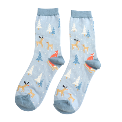 Miss Sparrow Socks Bamboo Festive Foxes light blue