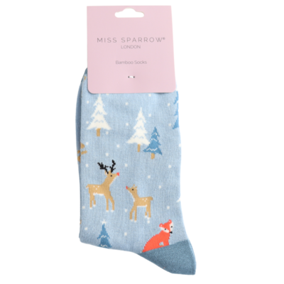 Miss Sparrow Socken Bamboo Festive Foxes light blue