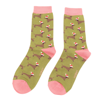 Miss Sparrow Socks Bamboo Sausage Dog Santa olive