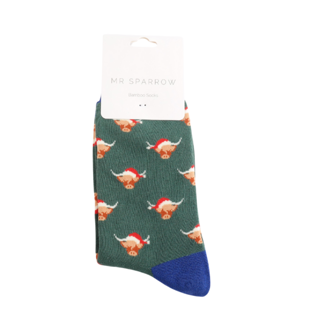 Mens Socks Bamboo Xmas Highland Cows green