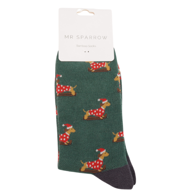 Mens Socks Bamboo Skiing Sausage Dogs green